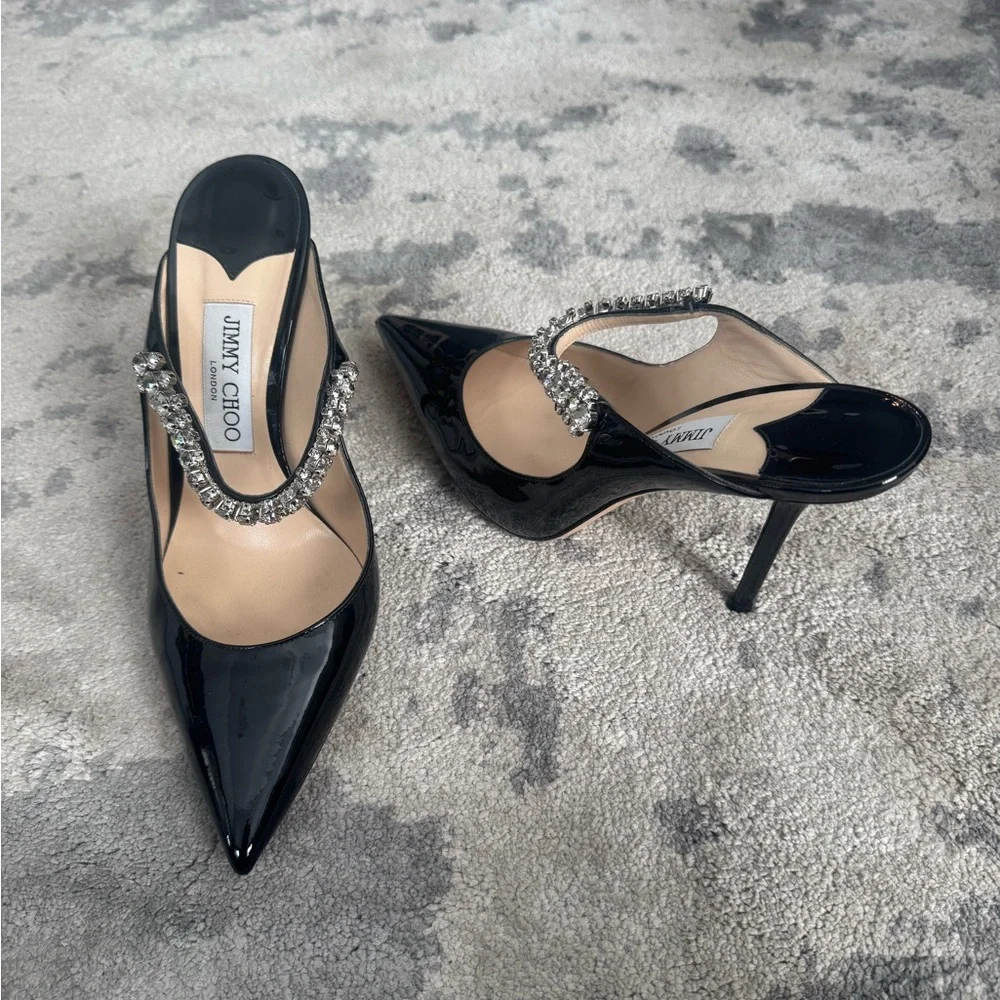 Jimmy Choo Bing 100 Black Patent Pumps Mules Heels w/ Crystal Strap 38.5 - Picture 3 of 11